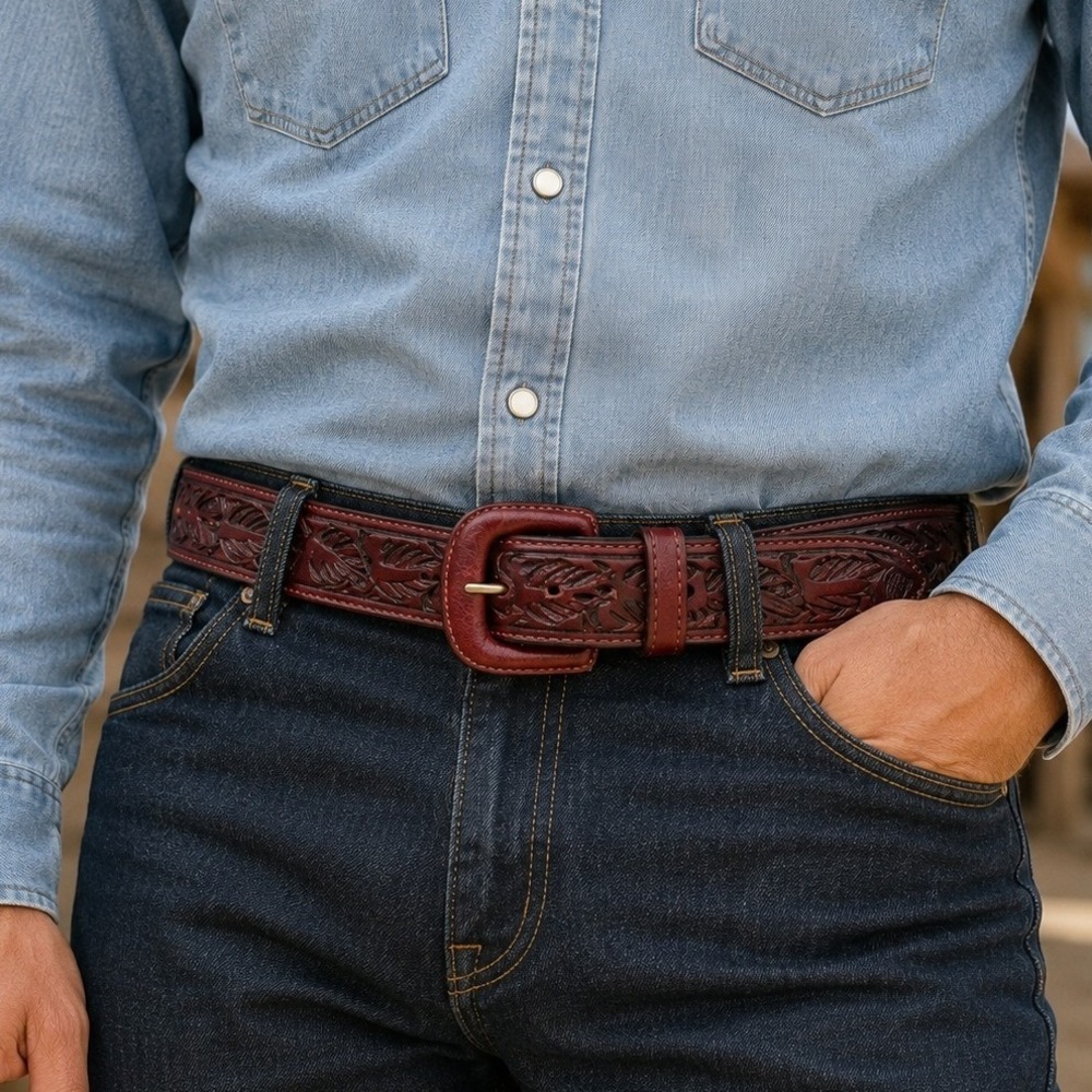 Vintage Vogt Tooled Leather Handmade Belt 38 Western Burgundy Steerhide Mexico